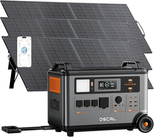 OSCAL 3600W Portable Solar Power Station with 3x200W Solar Panels, PowerMax 3600SE 3600Wh Solar Generator, 1800W AC/ 1600W Solar Fase Charging, LiFePO4 Battery Power Station for Home, RV, Emergencies