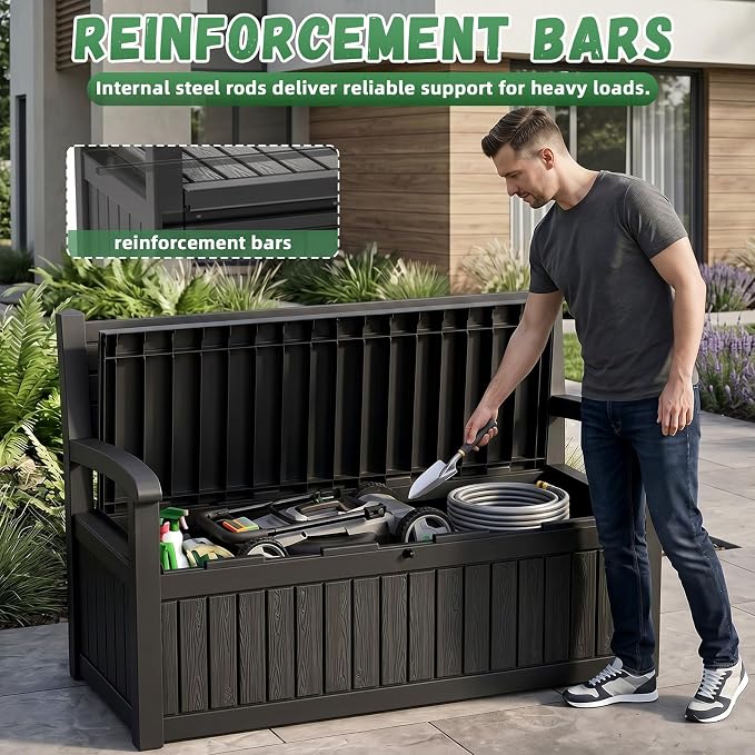 80 Gallon Outdoor Storage Bench Deck Box Waterproof Resin Lockable UV Resistant Benches Furniture Outside Porch Patio Pool Garden Tool Cushion Black