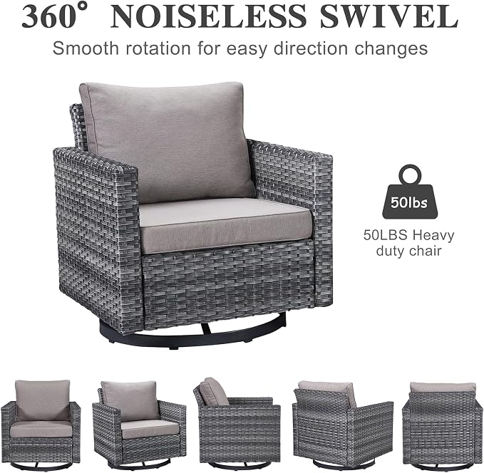 Belord Outdoor Bistro Set 3 Piece Wicker Swivel Rocker Patio Chairs, Oversize Outdoor Rattan Seating Set, Patio Swivel Glider Chairs Wicker Furniture with Metal Side Table for Outside Porch Backyard