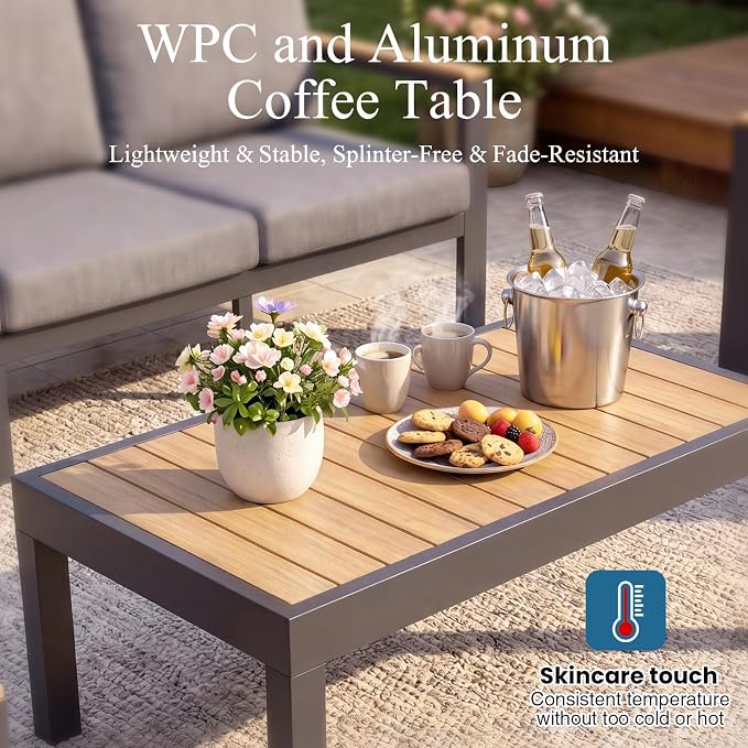 4-Piece 4-Seater Aluminum Patio Furniture Set,Outdoor Patio Table and Chairs Set with 2 Single Chairs+Loveseat+Coffee Table, 1.5mm Thick Rustproof Frame, Waterproof Washable Cushions for Porch Deck