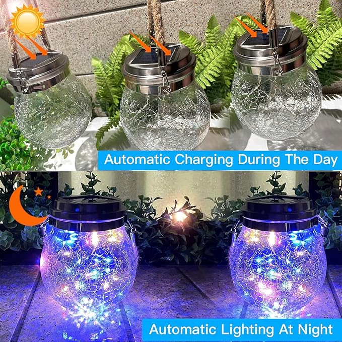 Hang Outdoor Solar Lights Waterproof, 2 Pack 30LED Cracked Glass Ball Decorative Lanterns, Solar Powered Landscape with Handle for Yard Patio Fence House Holiday Decor, Birthday Gift for Women