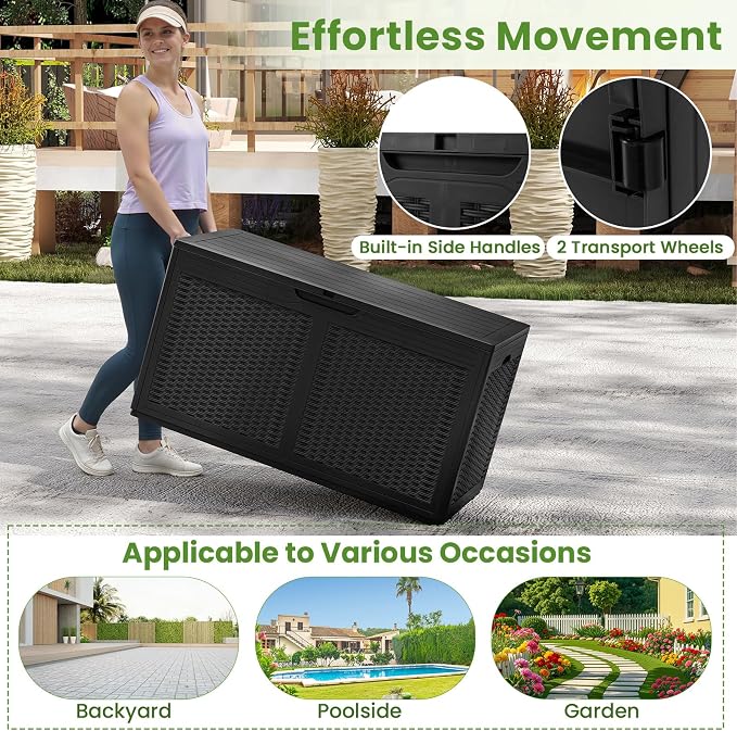 Giantex 100 Gallon Resin Outdoor Storage Box, Waterproof Deck Box w/Lockable Lid & Wheels, Rattan Storage Container Bench for Patio Cushions, Pool Accessories, Gardening Tools, 440 lbs (Black)