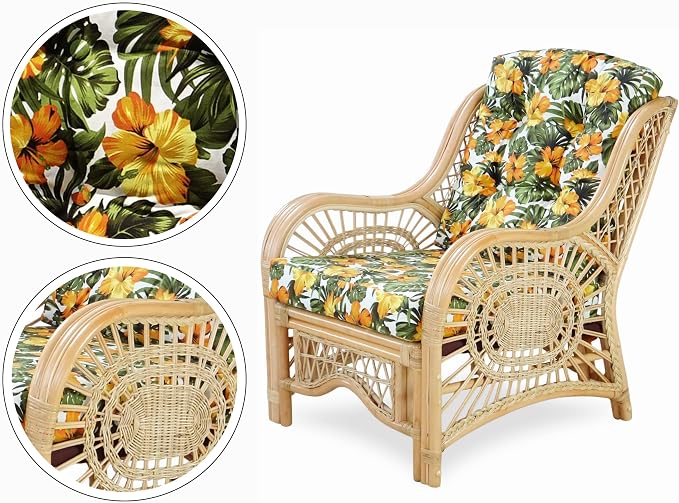 Malibu Lounge Set of 4: 2 Natural Rattan Wicker Chairs, Three-Seater Sofa with Cushions and Coffee Table with Glass Handmade, Natural Color