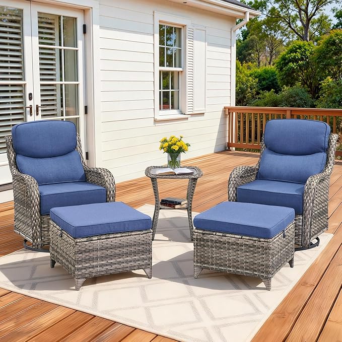 Luxury Outdoor Swivel Rocker Patio Chairs Set of 5, High Back Patio Chairs with Side Table & 6" Thick Cushions, Ottomans, Wicker Outdoor Bistro Set for Porch, Yard, Deck, Poolside, Grey/Blue