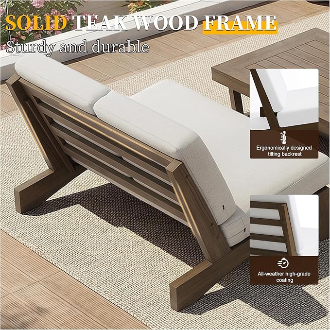 UIXE 6 Pieces All Weather Wood Patio Furniture Sets, 2 Patio Loveseat, 2 Patio Bistro Chair, Outdoor Sectional Sofa Furniture Backyard Conversation Set with Coffee Table - Beige