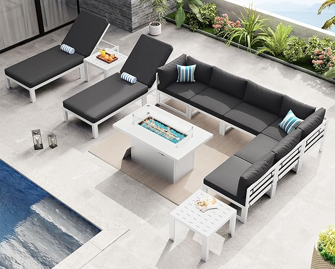 NICESOUL 11 Piece Modern Aluminum Outdoor Patio Furniture Set with Lounger & Fire Pit Table, Large All-Weather Modular Sectional Couch, 29" Wide Deep Seating Conversation Sofa for Poolside, Dark Gray
