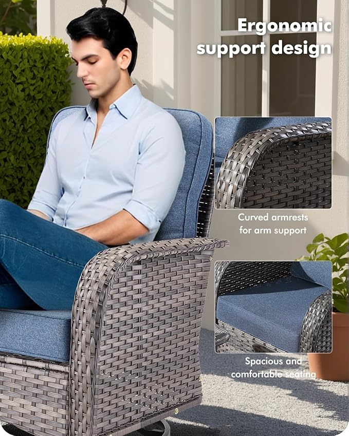 3-Piece Swivel Rocking Rattan Chair Outdoor, Patio Bistro Furniture Conversation Set, Wicker Chair with Coffee Table Blue