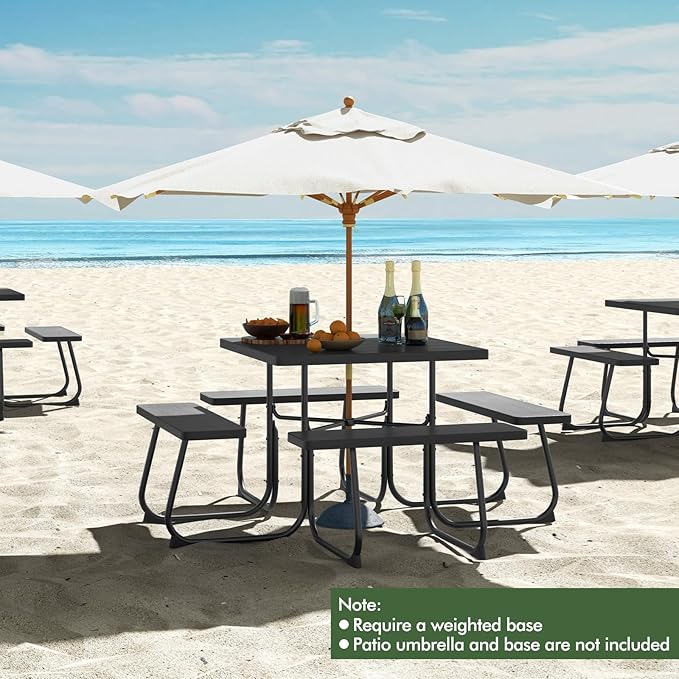 Square Picnic Table for 8 Person, Outside Table Bench Set w/ 4 Built-in Benches, Umbrella Hole, HDPE Top & Metal Frame, 2000LBS Capacity Outdoor Picnic Table for Garden, Porch, Patio (Black)