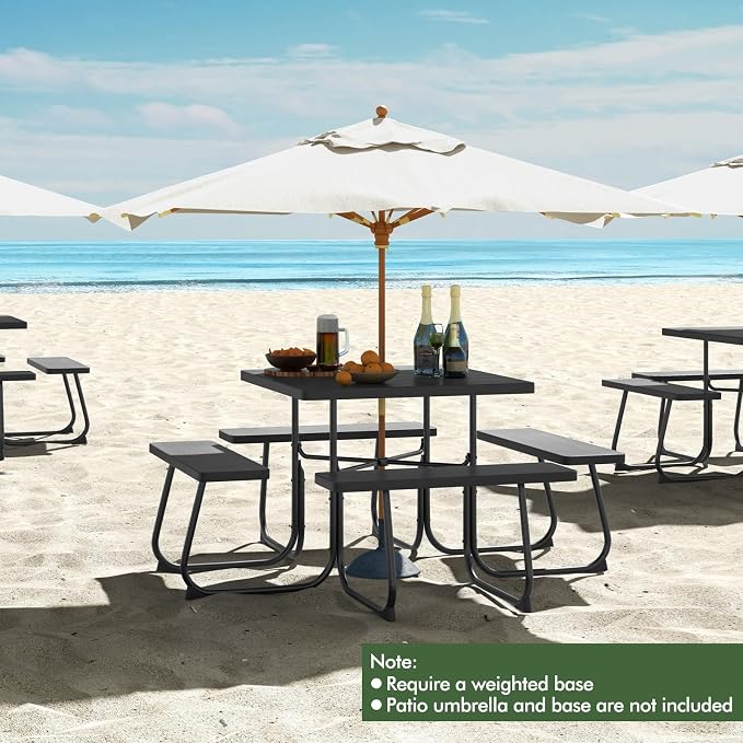 HAPPYGRILL 4-8 Person Square Picnic Table Bench Set with Umbrella Hole, Outdoor Camping Table with HDPE Material and Sturdy Metal Frame for Patio, Garden and Backyard, Black