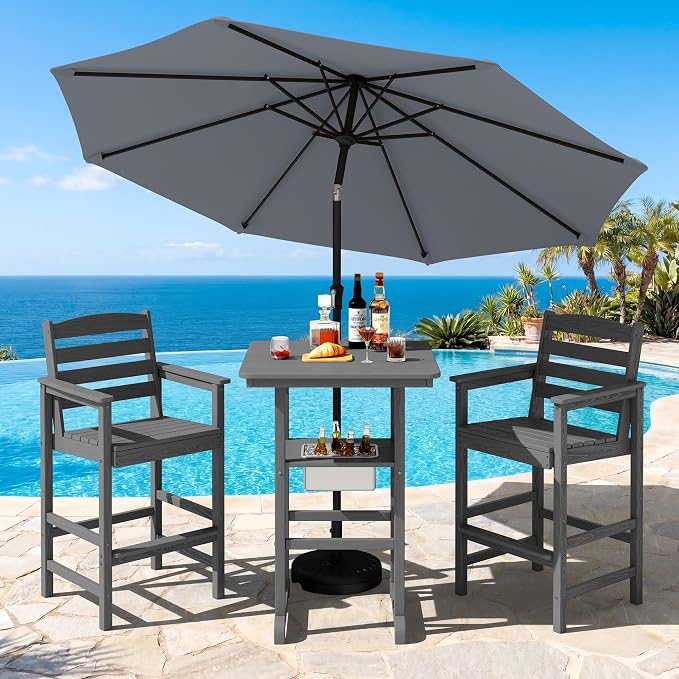 SERWALL Adirondack Bar Chairs and Table 3 Pieces Set with Umbrella, HDPE Bar Height Chairs Set of 2 and Bar Table with Ice Bucket, Outdoor Bar Stools Set for Balcony, Poolside, Backyard, Grey