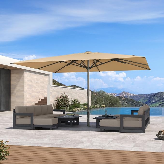 PURPLE LEAF 16' x 13' Rectangular Semi-Auto Outdoor Patio Umbrella Aluminium Market Umbrella Table Sun Umbrella with 3.15" Rod and 8 Sturdy Ribs for Deck Lawn Pool Garden, Beige