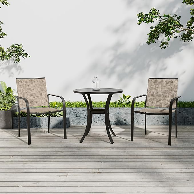 Anmutig Small Patio Dining Set with Outdoor 27.5 Inch Round Table and 2 Stackable Beige Chairs - 3 Piece