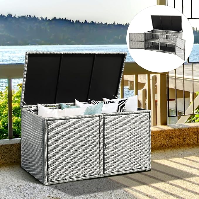 DORTALA 88 Gallon Deck Box Organizer, Wicker Large Indoor Outdoor Storage Container Cabinet for Patio Furniture Cushions Garden Tools, Gray