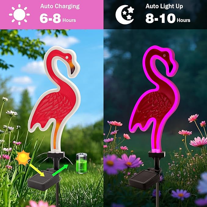 Solar Flamingo Pink Neon Light, 2Pack Pink Flamingos for Yard, Flamingo Gifts for Mothers Day Mom Women Path Light for Lawn Patio Walkway Decor