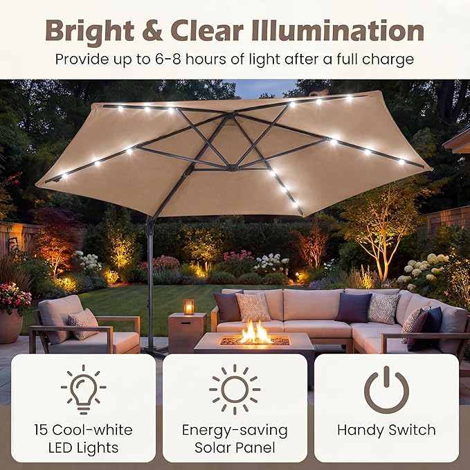 HAPPYGRILL 10 FT Patio Umbrella with Solar Lights, Outdoor Offset Cantilever Umbrella with White LED Lights, 360 Degree Rotation, Air Vent for Pool Deck Garden Backyard