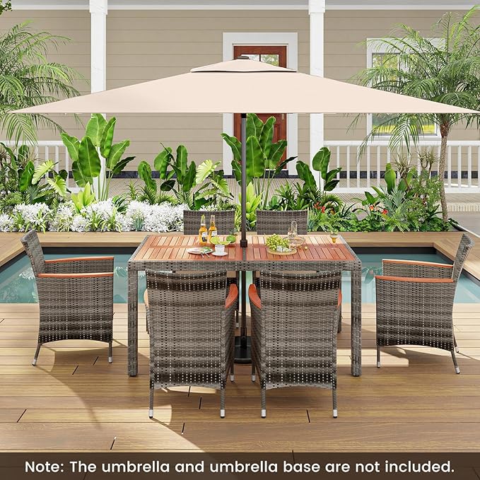 KOTEK 7 Piece Outdoor Dining Set, Wicker Patio Dining Set for 6 with Acacia Wood Table & Chairs, 1.96'' Umbrella Hole, Patio Table and Chairs Set for Backyard, Deck, Garden (Mix Grey)