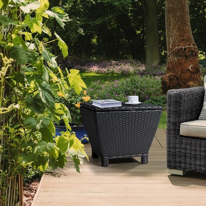 HOMSUPPLIE'S 13 Gallon Outdoor Side Table with Storage Space, Waterproof Wicker Patio Deck Box, Rattan End Table with Hidden Storage for Pool Towels, Toys & Garden Tools(Black,Trapezoid)
