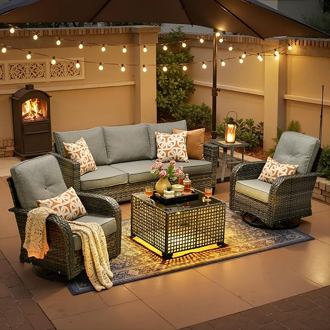 Patio Furniture, All Weather Wicker 6 PCS Outdoor Sofa with High Back Swivel Rocker Chairs, Conversation Set with Solar Light Coffee Table,Light Rattan Dark Gray Cushion