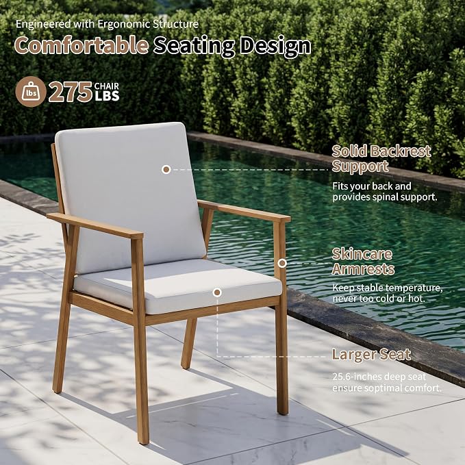 51" Round Outdoor Dining Table Set, 7-Piece Aluminum Round Outdoor Table with 6 Chairs, Rust-Resistant Faux Wood Grain Patio Table with Umbrella Hole for Garden, Backyard, Poolside, Teak