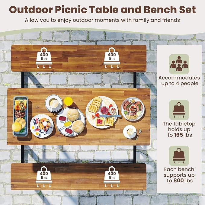 Giantex 4.5FT Picnic Table Bench Set for 4, Acacia Wood Outdoor Dining Table Set, 2" Umbrella Hole, Heavy Duty Metal Frame, Footrest Bar, Large Rectangular Tabletop for Porch Patio Lawn Garden