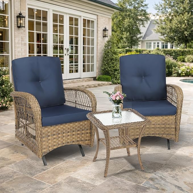 VIVIJASON 3-Piece Patio Bistro Glider Set, Outdoor Wicker Glider Rocking Chairs Set of 2 with Tempered Glass Side Table, Patio Rattan Furniture Set for for Backyard, Garden and Porch, Navy Blue