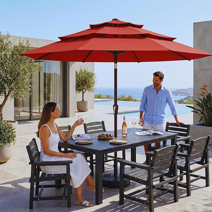 10ft 3 Tier Patio Umbrella, Outdoor Market Table Umbrella with UPF 50+ Vented Canopy, 8 Sturdy Ribs, Easy Push Button Tilt and Crank, Windproof for Deck, Pool, Backyard and Garden