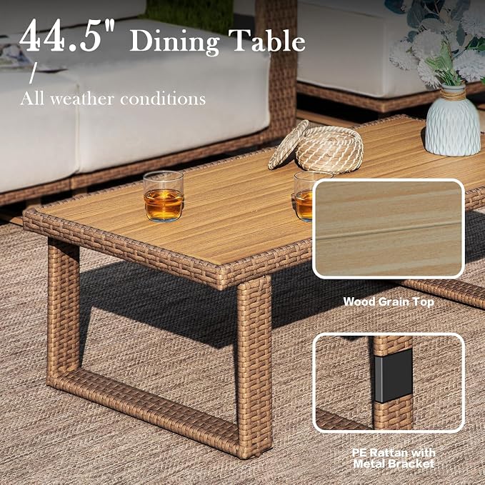 6 Pieces Outdoor Patio Furniture Set, Rocker Chairs and Sofa with 10 inch Thick Cushions and Steel Frame and Wooden Board, PE Rattan Weaving Outdoor Conversation Set Brown/Light Gray Linen