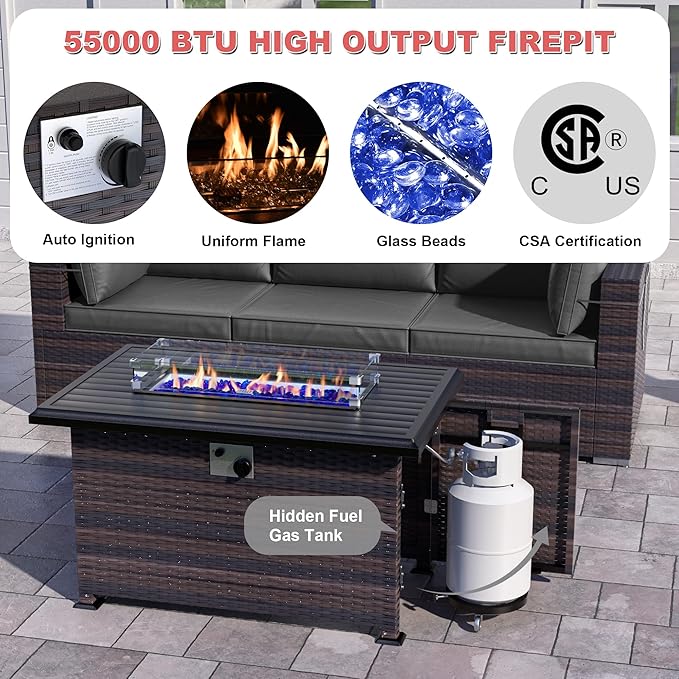 Patio Furniture Sectional Sofa Set 11PCS PE Rattan Swivel Rocking Chairs Patio Sofa Set, Outdoor Furniture Patio Conversation Set with 43in Propane Fire Pit and Coffee Table, Grey