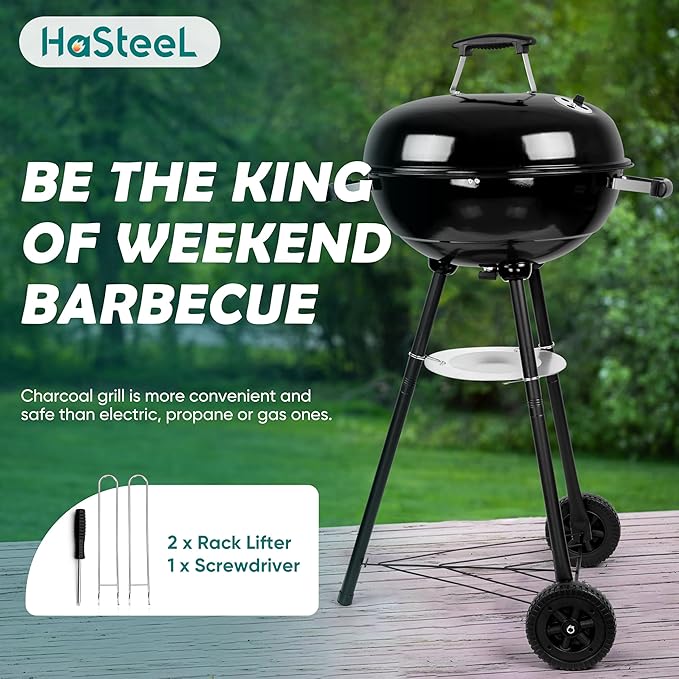 HaSteeL 18 Inch Charcoal Grill, Black Kettle Outdoor Barbecue Grill, 2-In-1 Portable BBQ Grill with Wheels for Camping Backyard Patio Picnic, Porcelain-Enameled Lid & Fire Bowl, 254.SQ.IN Cooking Area