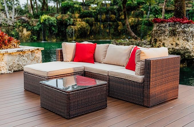 Nestl Outdoor Sectional Patio Furniture Set – 5 Piece Outdoor Patio Furniture Set with Outdoor Couch and Sectional Seating - Brown with Beige Cushions