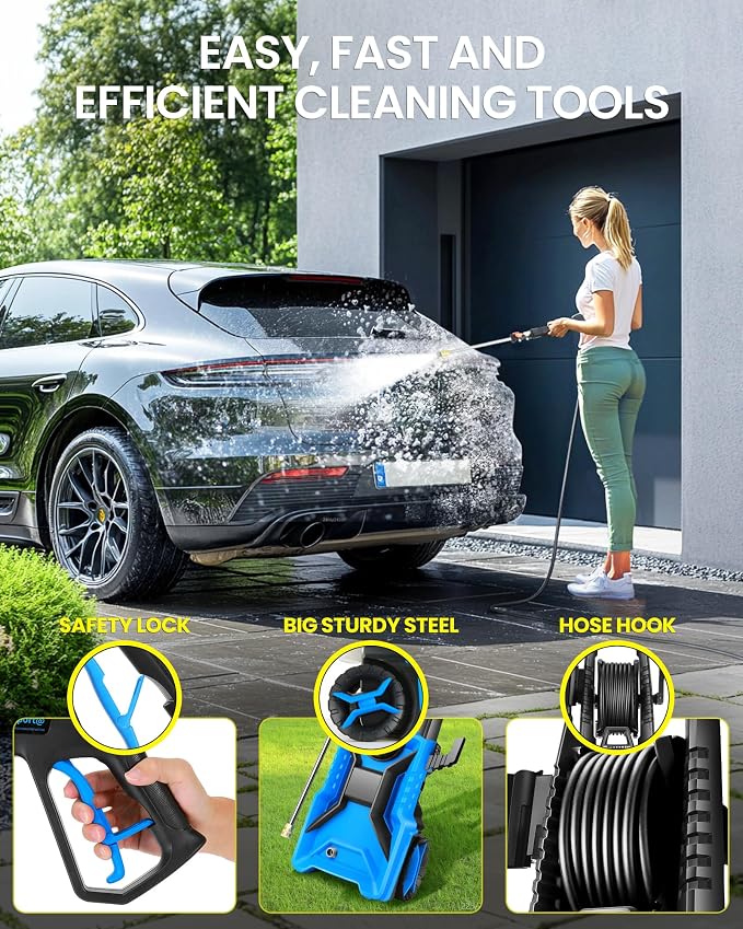 5000PSI Electric Pressure Washer, 2500-5000 PSI Adjustable Power Washer with 33ft Hose Reel, 4 Nozzles & Detergent Tank for Cars/Home/Driveways, Blue