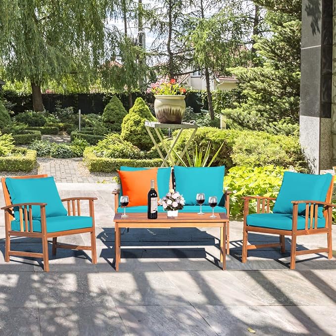 Tangkula 4 PCS Acacia Wood Patio Furniture Set, Outdoor Seating Chat Set w/Gray Cushions Back Pillow, Outdoor Conversation Set w/Coffee Table for Garden, Backyard, Poolside (Turquoise)