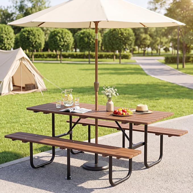 72 Inch Rectangular Outdoor Picnic Table for 6 Person, Heavy Duty Wooden Dining Set with Built-in Benches, 1.97 Inch Umbrella Hole, Waterproof and Corrosion Resistant