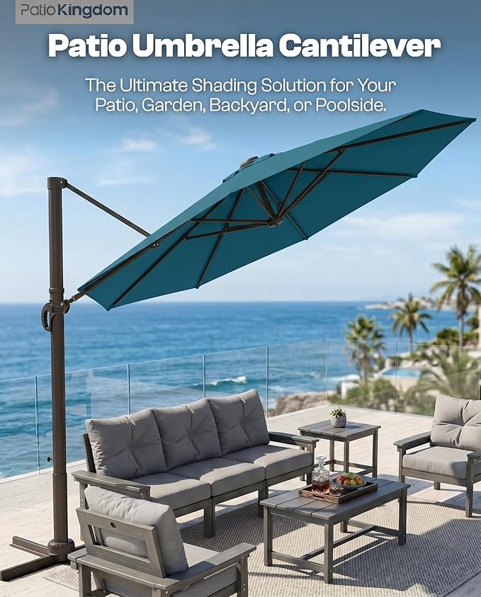 11 FT Round Cantilever Umbrella,Easy Tilt, Fade Resistant & 360° Rotation, Offset for Pool Deck Backyard Patiolake blue (Base not Included)