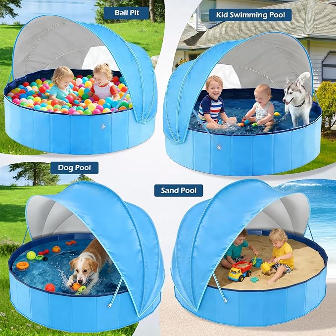 Jasonwell Kiddie Baby Pool with Canopy - Foldable Infant Toddler Kids Pool with Shade Baby Beach Essentials Tent Swimming Wading Pools for Toddlers 1-3 + Kids Dogs Ball Pit Backyard Water Play B, 48"