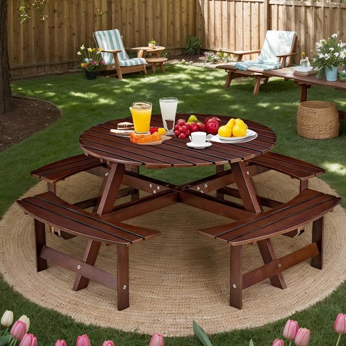 8 Person Outdoor Picnic Table, Round Dining Table with 4 Built-in Benches and Umbrella Hole, Outside Garden Backyard Table and Bench Set, 500lbs Capacity Per Bench (Brown)