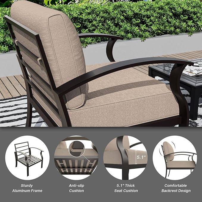Gotland Aluminum Patio Furniture Set, 4 PCS Metal Outdoor Furniture with 45’’ Fire Pit Table Waterproof 5.1'' Seat Cushions 34.1’’ High Back, Oversized Outdoor Sectional Patio Conversation Sets, Khaki
