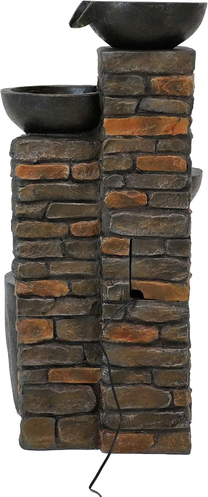 Sunnydaze Staggered Bowls 34-Inch Outdoor Water Fountain - LED Lights -Electric Submersible Pump with Adjustable Flow