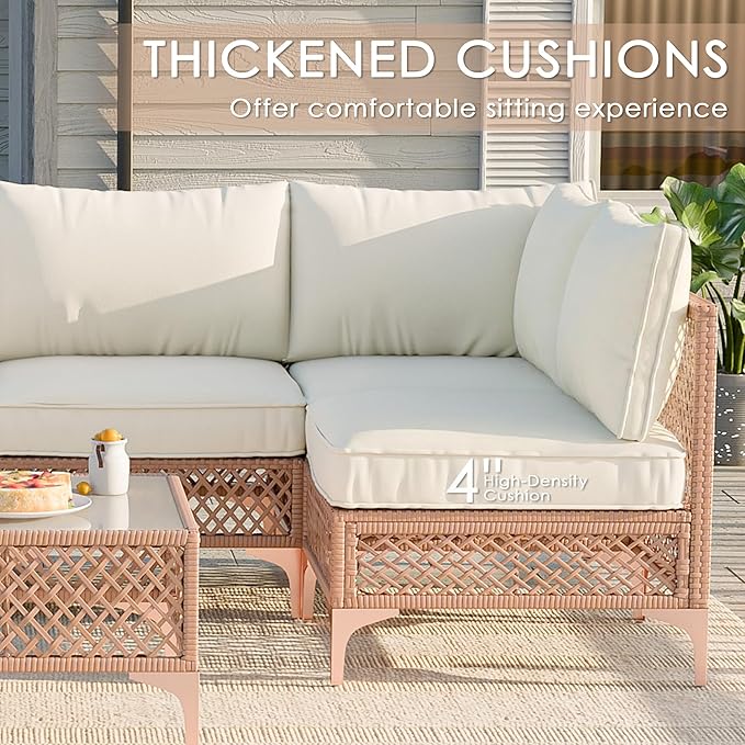 Vikiullf Patio Conversation Sets, 7 Piece Outdoor Furniture Set with Thick Cushions, Wicker Sectional Sofa Set with Coffee Table for Backyard, Poolside, Garden (Beige)