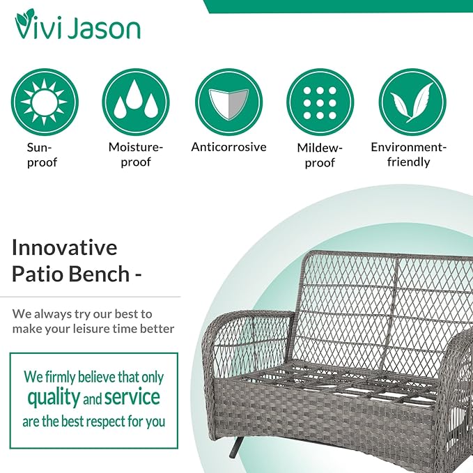 VIVIJASON 4-Piece Outdoor Patio Wicker Conversation Sets, All Weather Outdoor Rattan Furniture Set Includes Glider Loveseat, Coffee Table, 2 Glider Rocker Chairs w/Cushion for Lawn Balcony, Grey