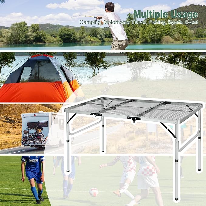 RedSwing Portable Grill Table for Outside, Aluminum Folding Grill Stand Table for Outdoor Camping Picnic BBQ, Lightweight Adjustable Height, (48"x24"x15"/28" Sliver)