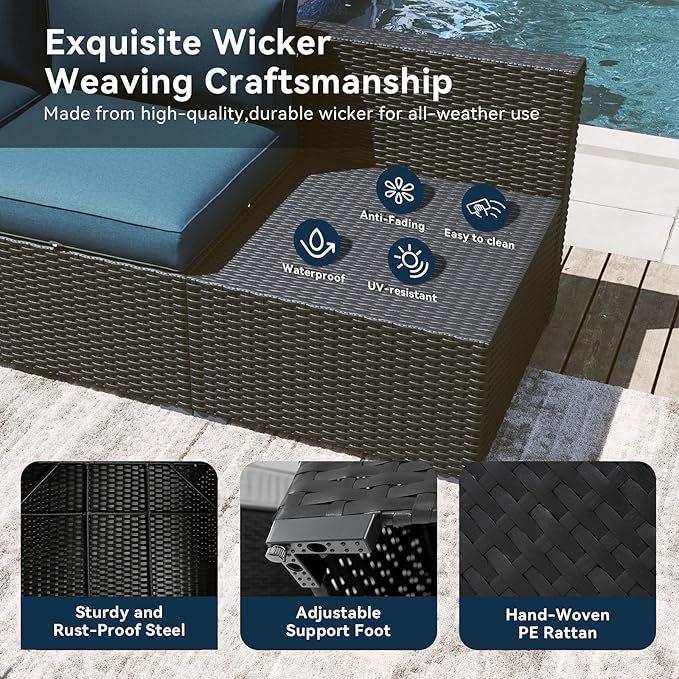 LazySunsets 7 Piece Outdoor Patio Furniture Set with Coffee Table, Outdoor Patio Furniture Sets with Waterproof Cover and 4'' Cushion, Wicker Rattan Outdoor Conversation Set for Backyard, Peacock Blue