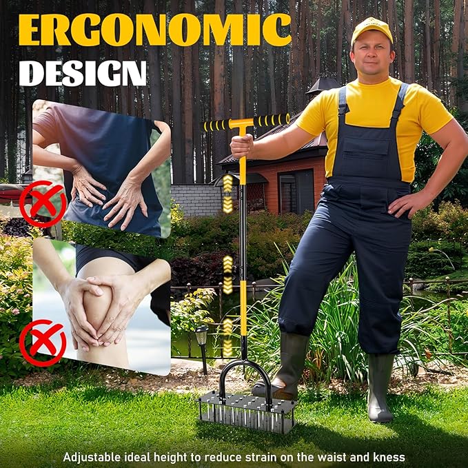 Lawn Aerator Tool with 24 Steel Spikes, Grass Aerator Lawn Tools with Spring-Loaded Design & Adjustable T-Handle, Pre-Assembled Hand Aerator Lawn Tool for Lawn, Courtyard and Garden