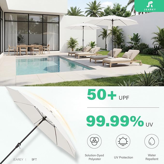 JEAREY 9FT Outdoor Patio Umbrella,Market Table Umbrella with 8 Fiberglass Ribs, Pool Umbrella with Tilt and Crank, UV Protection Lightweight & Wind-Resistant for Lawn, Garden, Deck and Backyard, Cream White