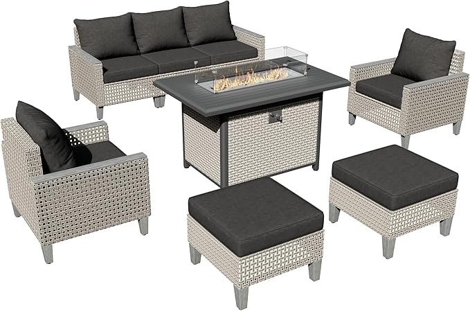 Outdoor Patio Furniture Set with Rattan Fire Pit Table 8-Piece Modular Wicker Sectional Sofa with Ottomans and Thick Cushions, Modern Rattan Outdoor Conversation Couch, Black