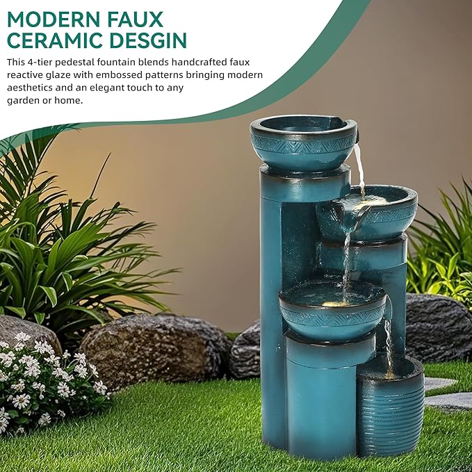 19.3" Outdoor Water Fountain with LED Lights, 4-Tier Cascading Water Feature with Pump, Turquoise Faux Ceramic Pedestal Waterfall for Garden, Patio, Yard or Porch