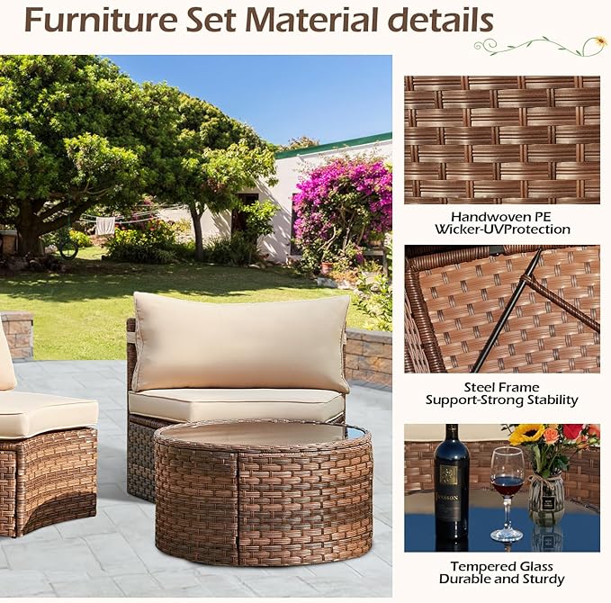 ECOTOUGE Patio Furniture Set, 3 Piece Half-Moon Sectional Round Patio Furniture Set, Wicker Sofa with Tempered Glass Round Coffee Table for Pool Backyard Patio Garden(Beige/Brown)