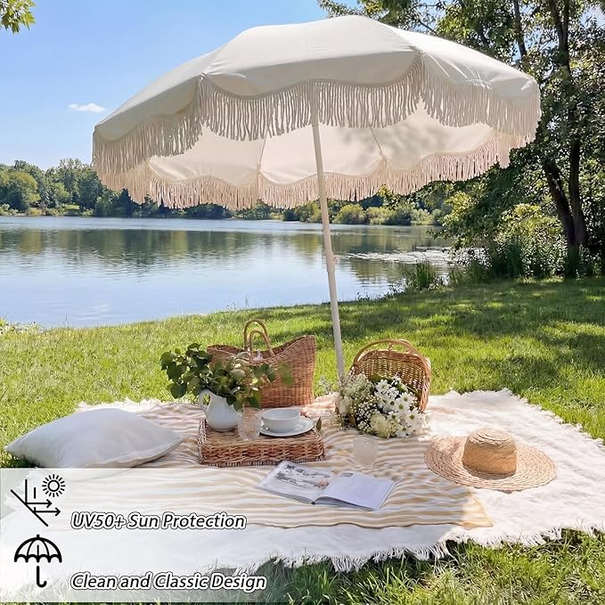 Boho Fringe Beach Umbrella with Extra Large Picnic Blanket Set, 6.5Ft UPF50+ Tassel Ruffles Umbrella 71"x 91" Picnic Blanket for Beach Wedding Bridal Shower Birthday Party Patio Lawn