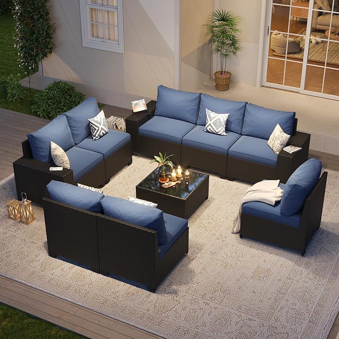Aoxun Patio Furniture Set, 9 Pcs Outdoor Patio Furniture Sets with 4 in Thicken Cushion, Widen Armrests Wicker Outdoor Sectional for Backyard (Waterproof Cover Include)