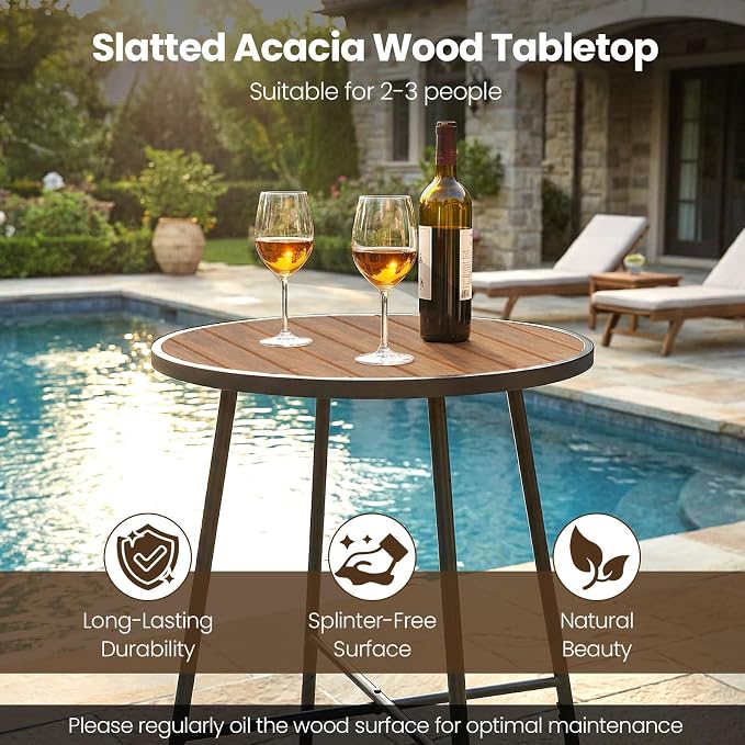 Giantex 41-inches Patio Bar Table, Acacia Wood Pub Table with Heavy-Duty Metal Frame, X-Shaped Support Bars, Adjustable Foot Pads, Round Cocktail Tables for Outdoor, Bistro, Balcony, Gathering